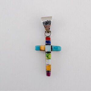 Unmarked Sterling Silver Southwestern Style Multi Stone Inlay Cross Pendant
